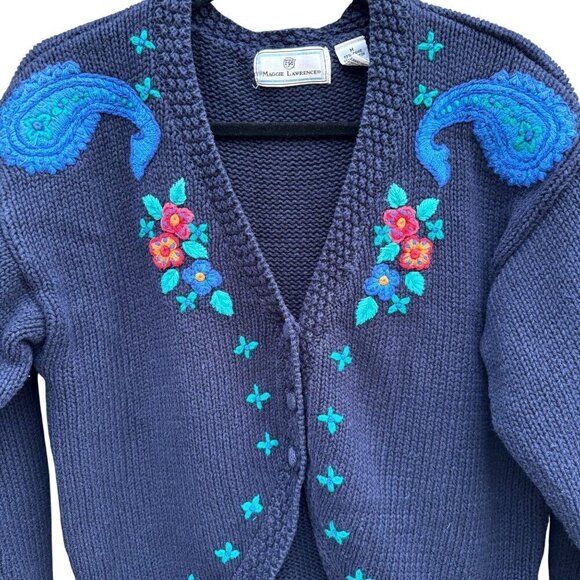 Maggie Lawrence Vintage Womens Embroidered Floral Navy Cardigan Knit Sweater M - Picture 2 of 11
